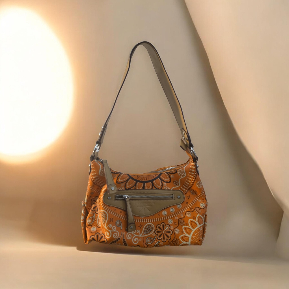 Isaac Mizrahi Orange Paisley Shoulder Bag with Tan Trim